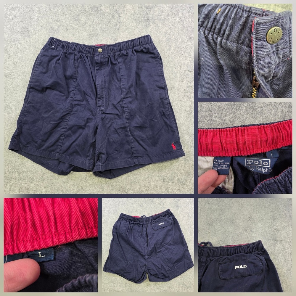 VTG Polo Ralph Lauren Shorts Mens 34 Blue Chino Pony Logo Elastic Waist 7 Inseam